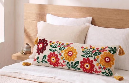 Embroidery Floral Lumbar Cushion Cover (14 x 36 Inch) Decorative Boho Long Pillow Cover with Tassels