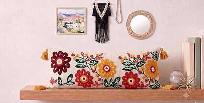 Embroidery Floral Lumbar Cushion Cover (14 x 36 Inch) Decorative Boho Long Pillow Cover with Tassels
