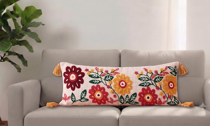 Embroidery Floral Lumbar Cushion Cover (14 x 36 Inch) Decorative Boho Long Pillow Cover with Tassels