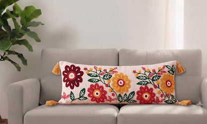 Embroidery Floral Lumbar Cushion Cover (14 x 36 Inch) Decorative Boho Long Pillow Cover with Tassels