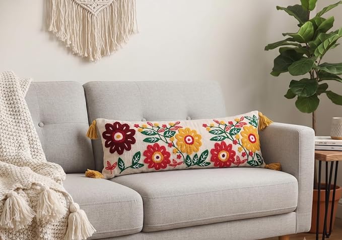 Embroidery Floral Lumbar Cushion Cover (14 x 36 Inch) Decorative Boho Long Pillow Cover with Tassels